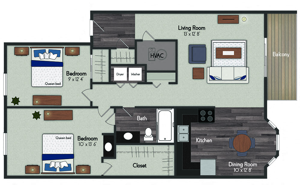 Floor plan for 2 beds, 1 bath, 861 sqft